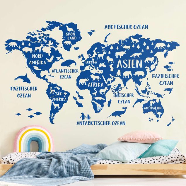 Muurstickers XXL World Map With Animals