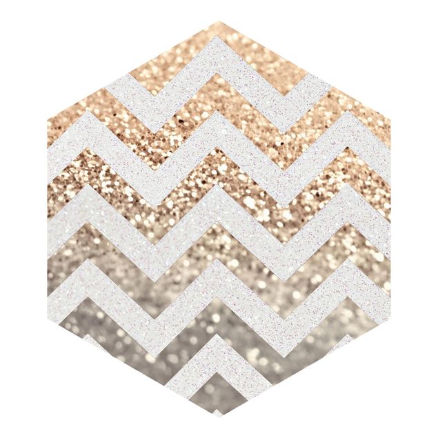 Hexagon Behang Zigzag Lines With Golden Glitter and Silver