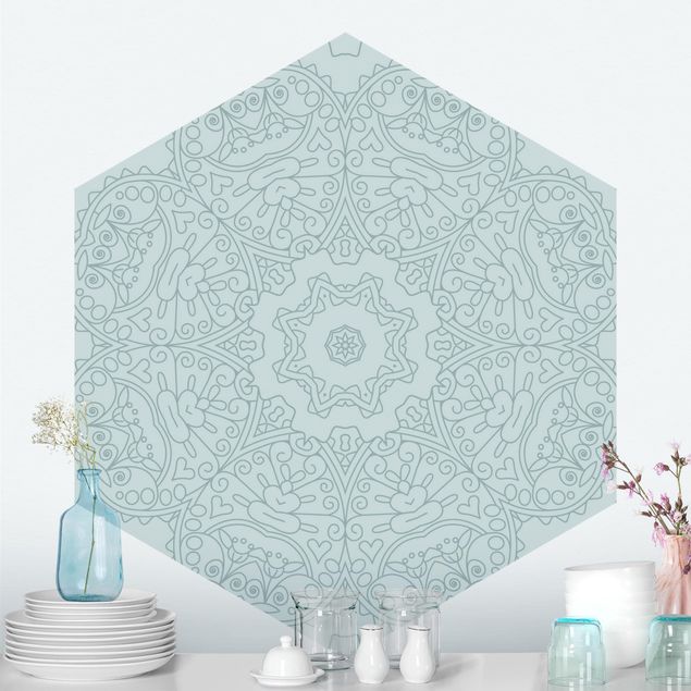 Hexagon Behang Jagged Mandala Flower With Star In Turquoise