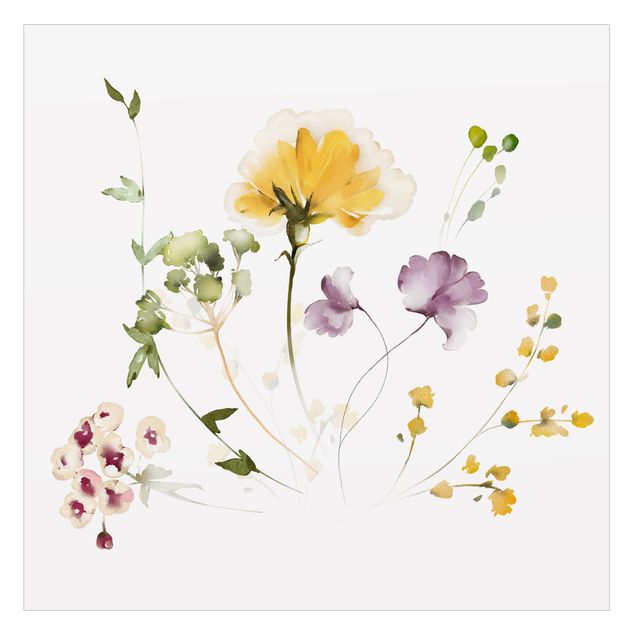 Raamfolie - Delicate watercolour flowers violet-yellow