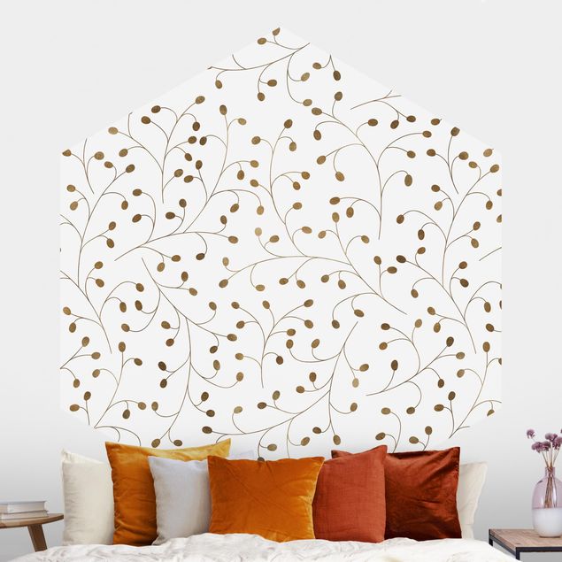 Hexagon Behang Delicate Branch Pattern With Dots In Gold