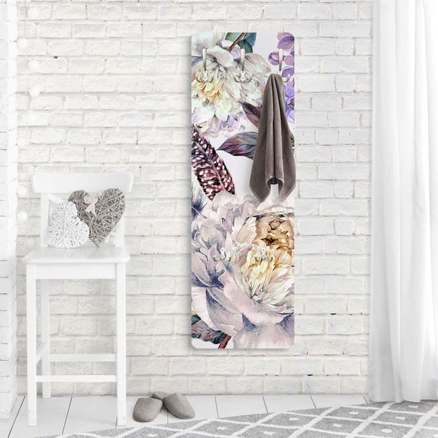 Wandkapstokken houten paneel Delicate Watercolour Boho Flowers And Feathers Pattern