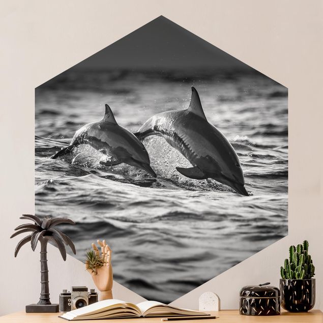 Hexagon Behang Two Jumping Dolphins
